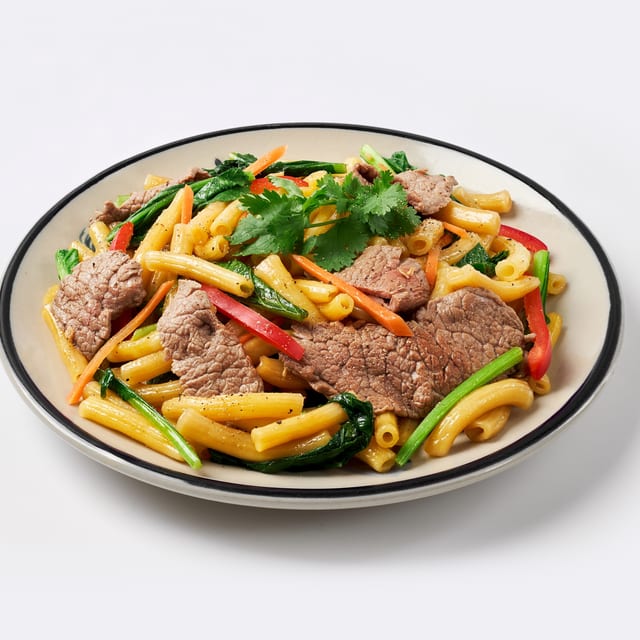 Nui Xào Bò - Stir-Fried Macaroni with Beef.