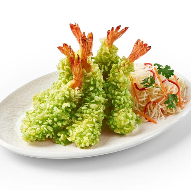Tôm Lăn Cốm Xanh - Green Rice Flake-Crusted Shrimp.