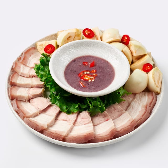 Thịt Luộc + Cà Pháo – Boiled Pork Belly with Pickled Eggplant & Shrimp Paste.